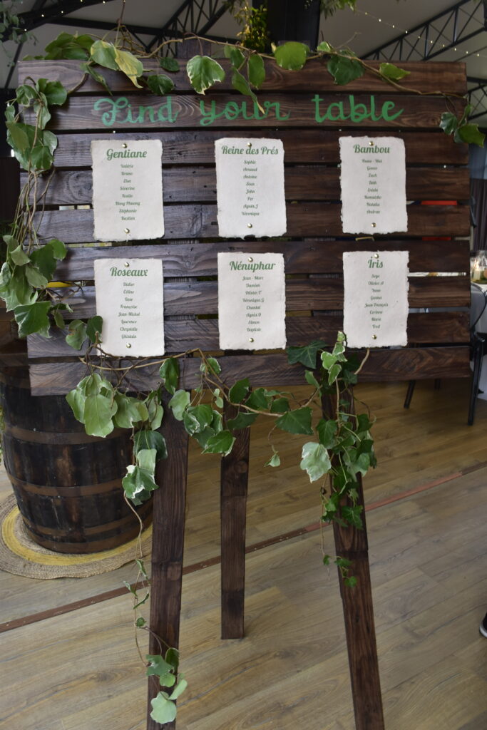 plan de table artisanal pour fête, décoré par des plantes et avec tout les prénoms écrits 